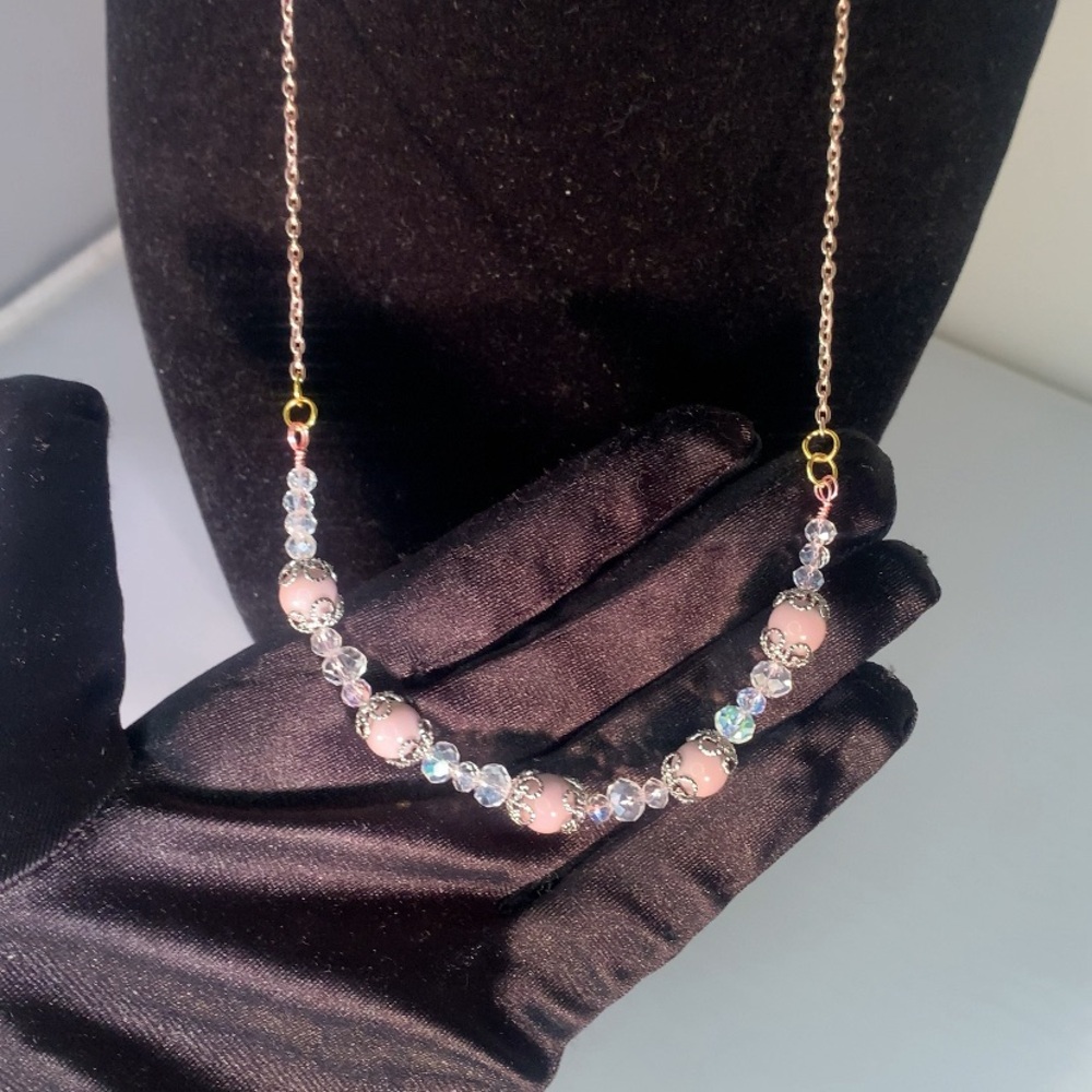 EVENSONG — Handcrafted Crystal Glass Beaded Necklace w Purple & Rose Gold Tones